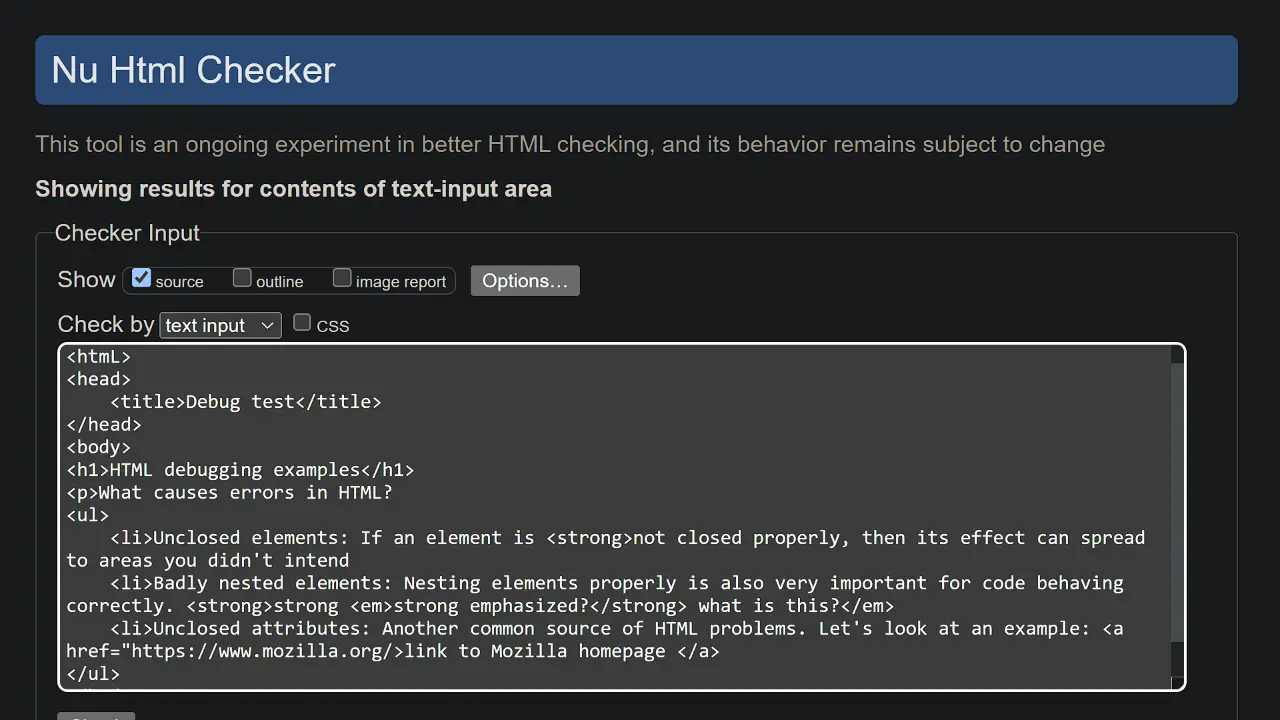 Screenshot of html validator raw code with errors