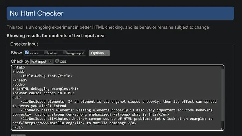 Screenshot of html validator raw code with errors